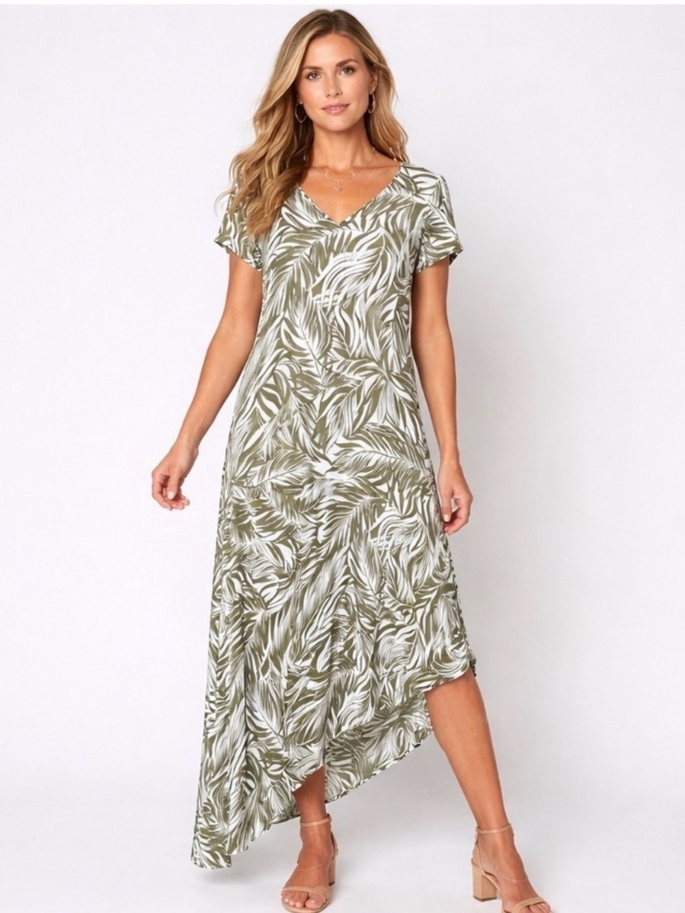 Chico's Travelers Tropical Olive & Cream Dress with Asymmetrical Hem Size 16